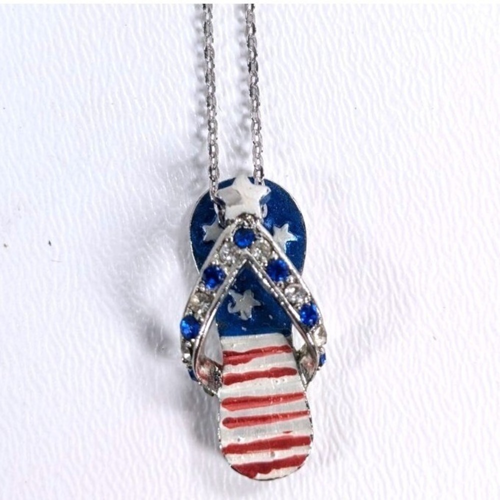 American Flag Flip Flop Pendant Necklace Rhinestone Patriotic USA Red White Blue